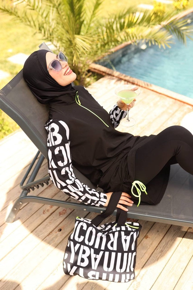 طقم بوركيني من ٥ قطع( بلوزه، بنطلون، حجاب، قبعه و جنطه)