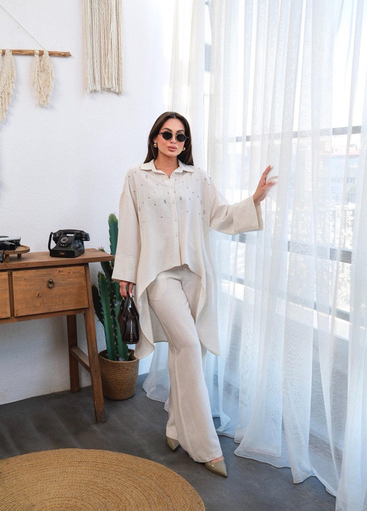 Linen Two Piece Set w/ Crystals (Shirt and Pant)
