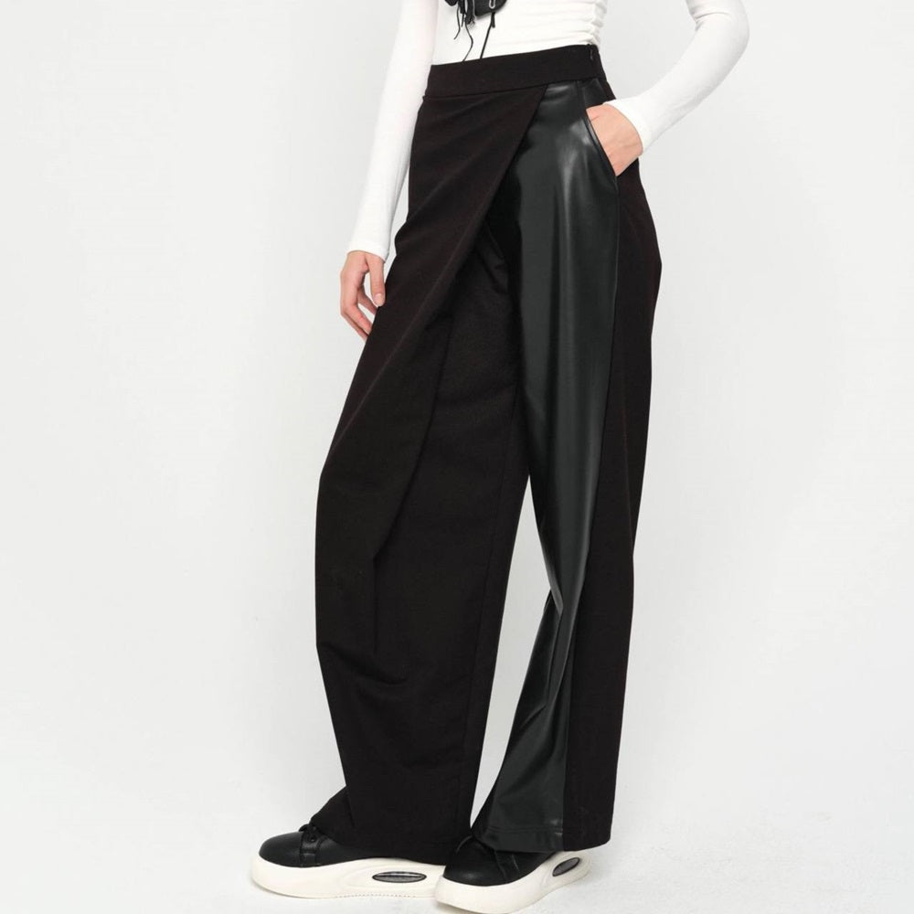 Patchwork Wrap Slit Leather Pants