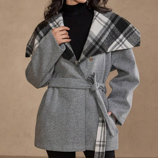 Woolen Coat with Plaid Collar