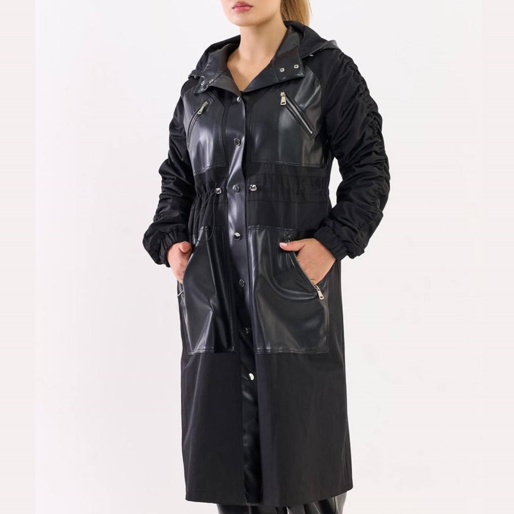 Hooded Trench Coat with Leather