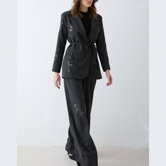 Embroidered Striped Two Piece Set