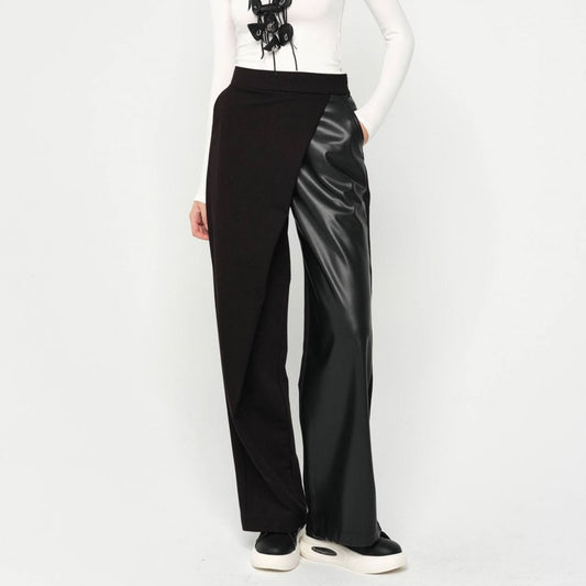Patchwork Wrap Slit Leather Pants