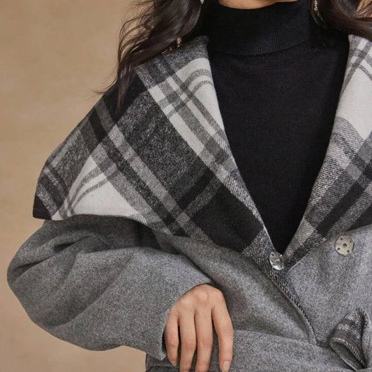 Woolen Coat with Plaid Collar