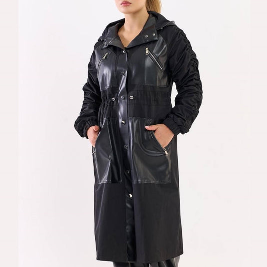 Hooded Trench Coat with Leather