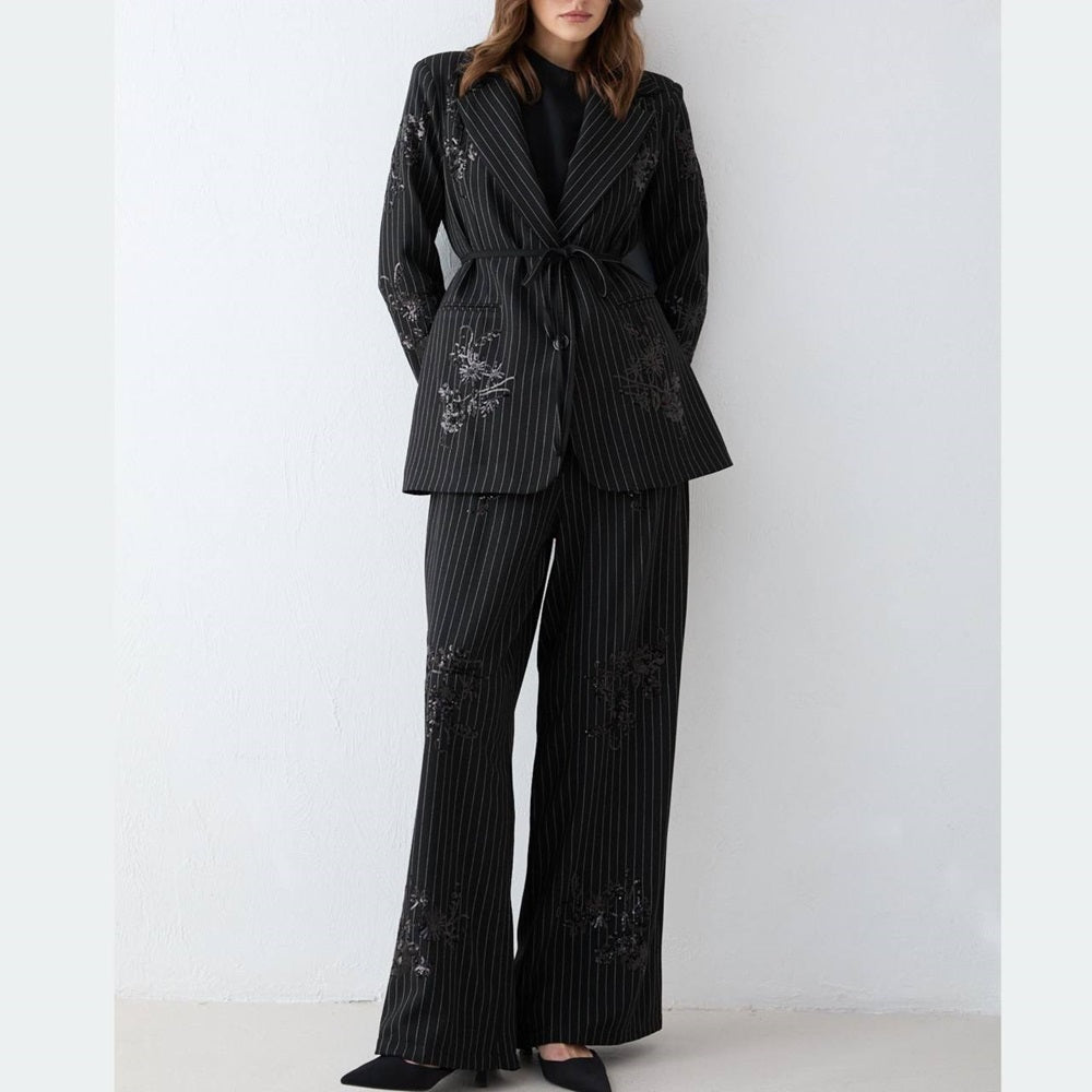 Embroidered Striped Two Piece Set